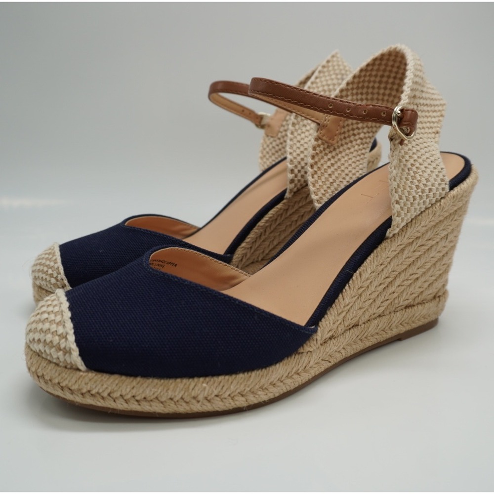 Loft Navy Blue Canvas Espadrille Wedge Sandals Women 6.5 Nautical Coastal Beach